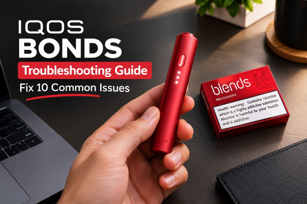 Hand holding an IQOS BONDS device with white status lights glowing next to a BLENDS tobacco stick pack on a desk